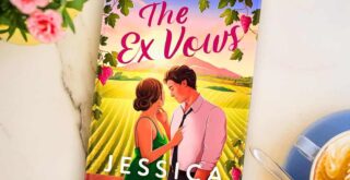 Paperback copy of The Ex Vows by Jessica Joyce on a table with a cup of tea and a bouquet of flowers